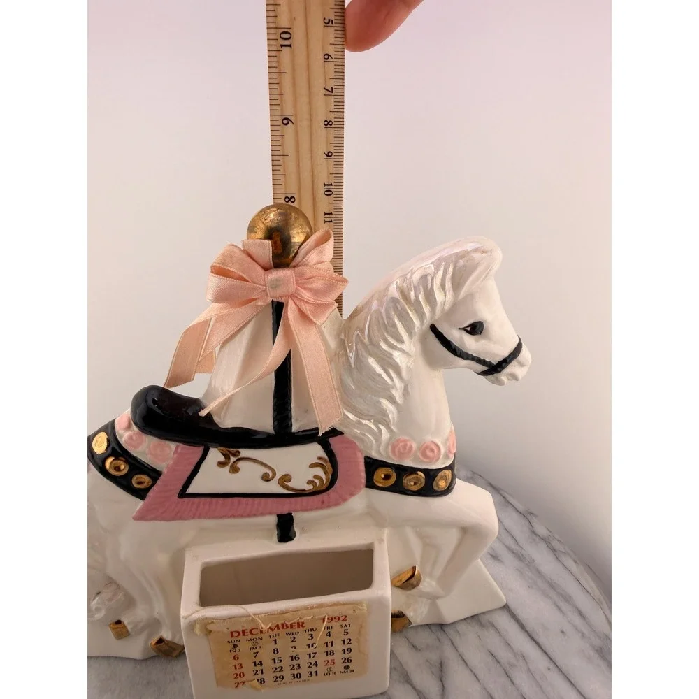 Vintage Ceramic Carousel Horse Calendar Iridescent Pink Gold Organizer Coquette